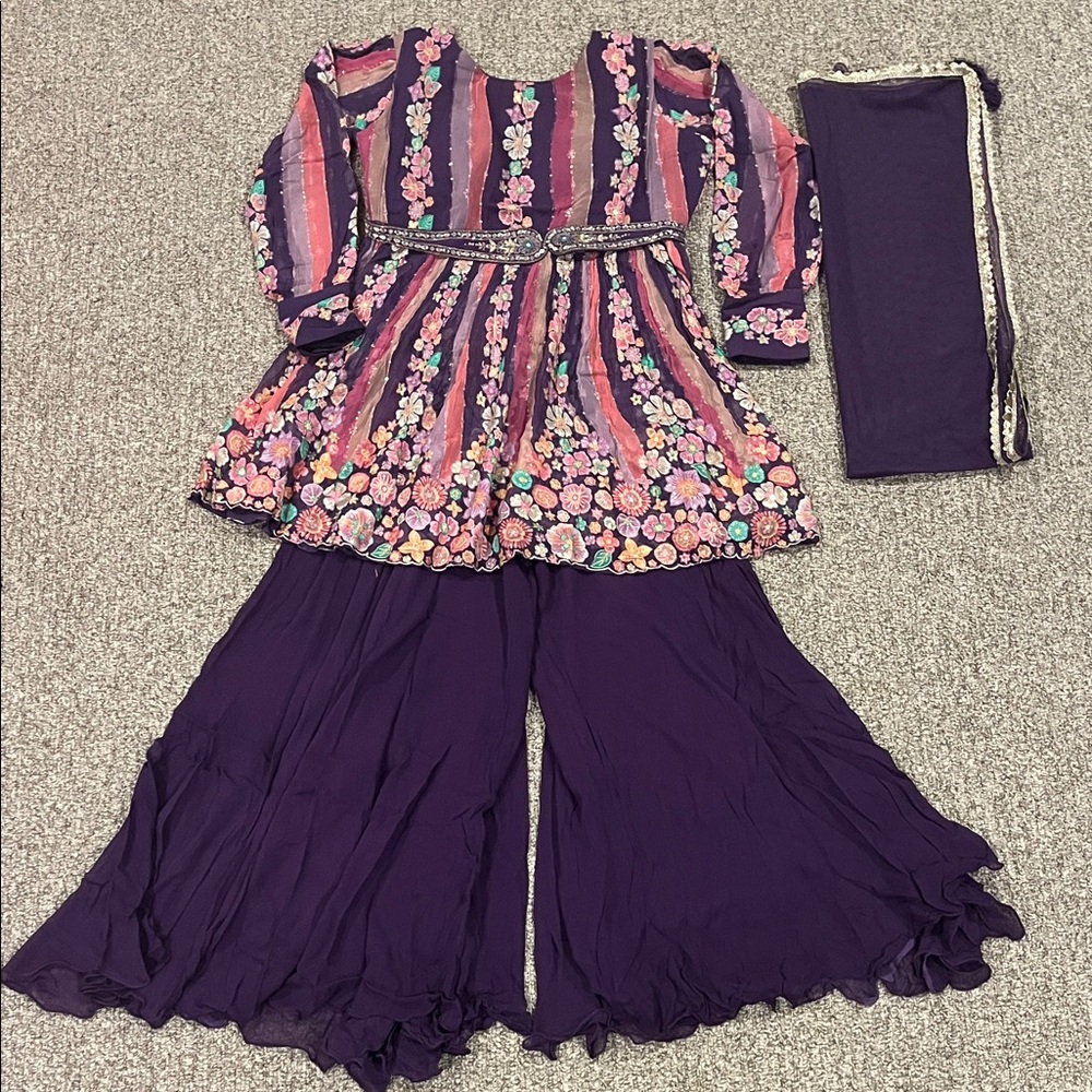 Indian Floral Striped Dress with Purple Pants Set